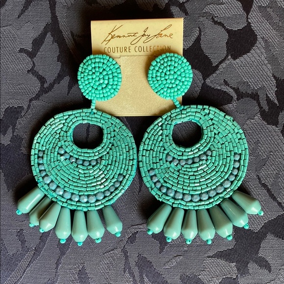 Kenneth Jay Lane Turquoise Seed Bead Round Gypsy Hoop Drops Pierced Earrings NWT - Picture 1 of 5